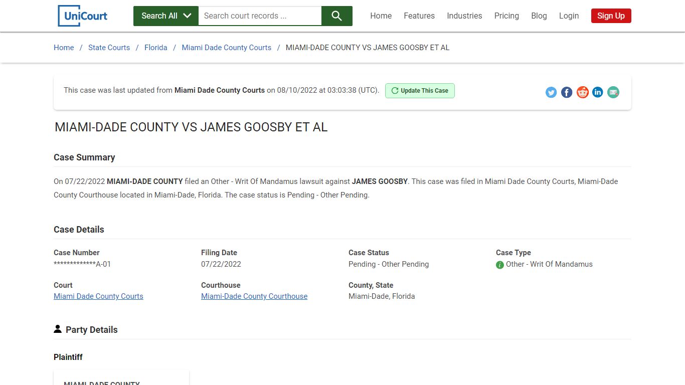 MIAMI-DADE COUNTY VS JAMES GOOSBY ET AL | Court Records - UniCourt